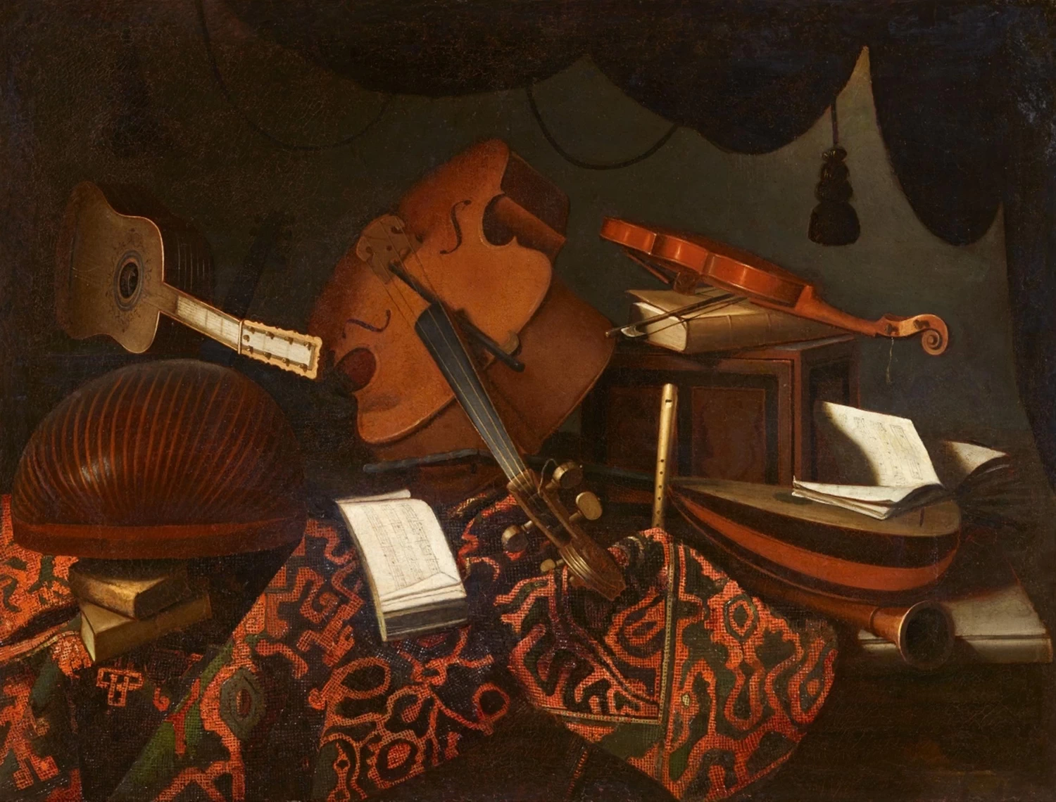 Natura morta con strumenti musicali, spartiti e moquette